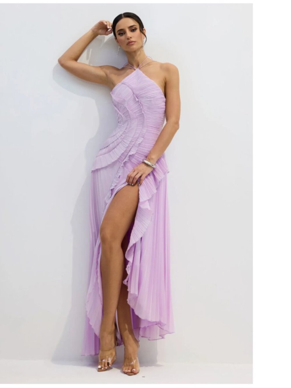 NWT Sunfere Nina Asymmetry Pleated Halterneck Midi Dress Ruffle Large Purple